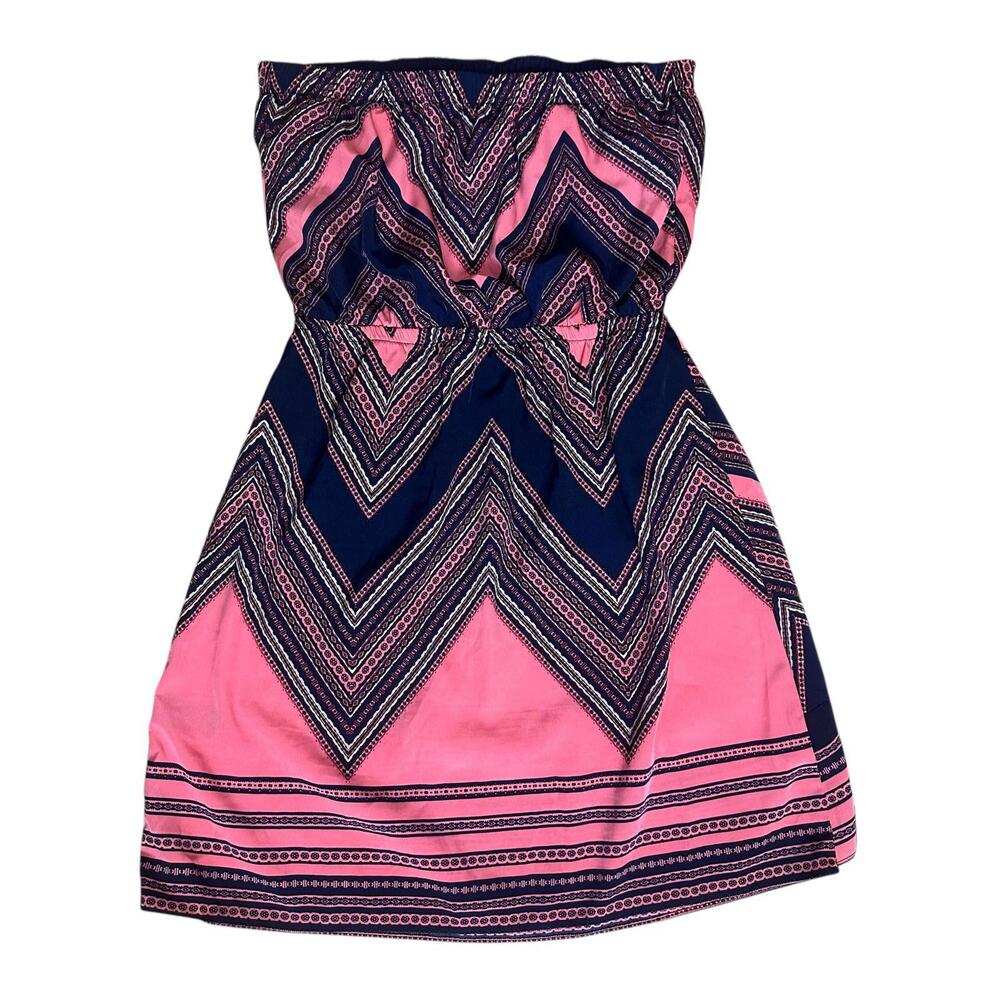 Express Strapless Mini Geometric Tube Dress in Coral and Navy Chevron Pattern